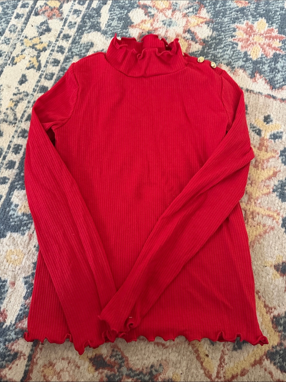 Girls Janie and Jack Red Ruffle Mock Neck Ribbed Top with gold shoulder buttons